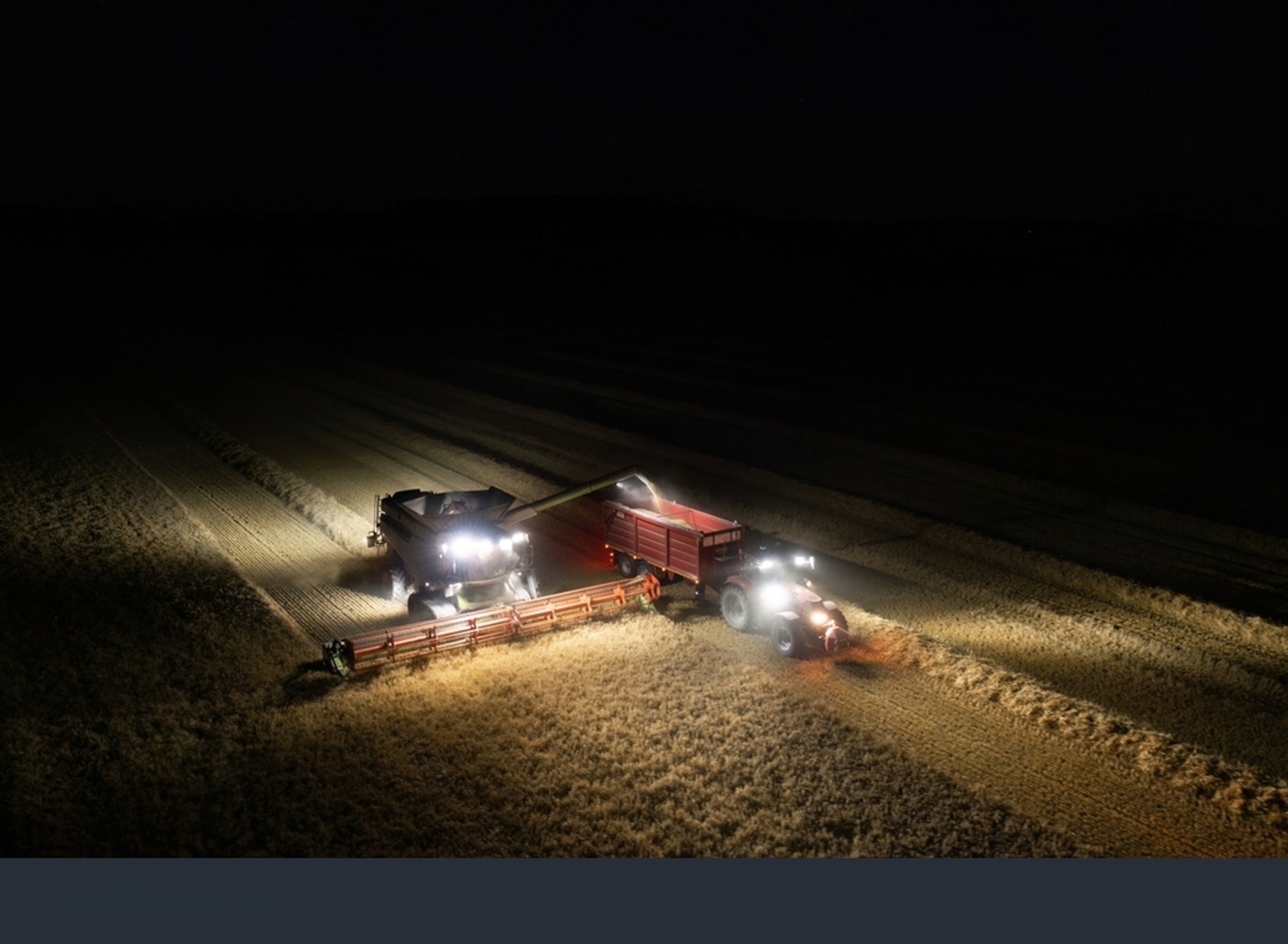Tractor working at night with LED work lights fitted to the cab roof